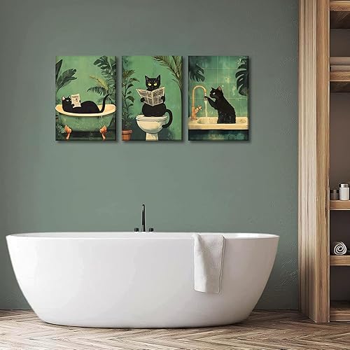 Miniatura 9 de 3 piezas divertidas de lienzo de baño de gato negro, arte de pared vintage de gato lavado sus patas de lectura pósteres de periódicos impresiones