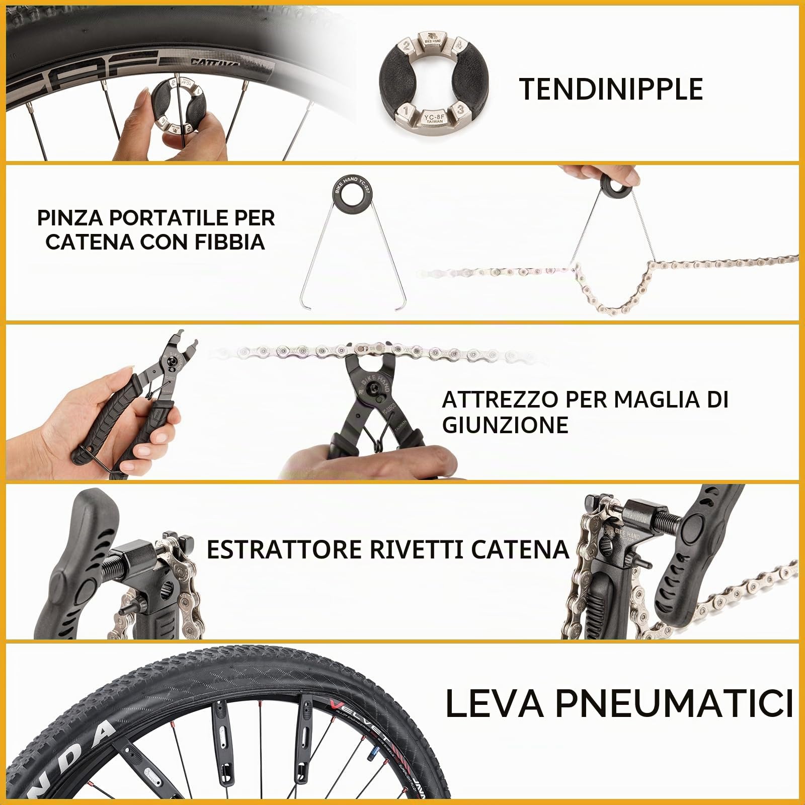 BIKE HAND Set completo di attrezzi per bicicletta, 22 pezzi, set di riparazione professionale con custodia, colore nero