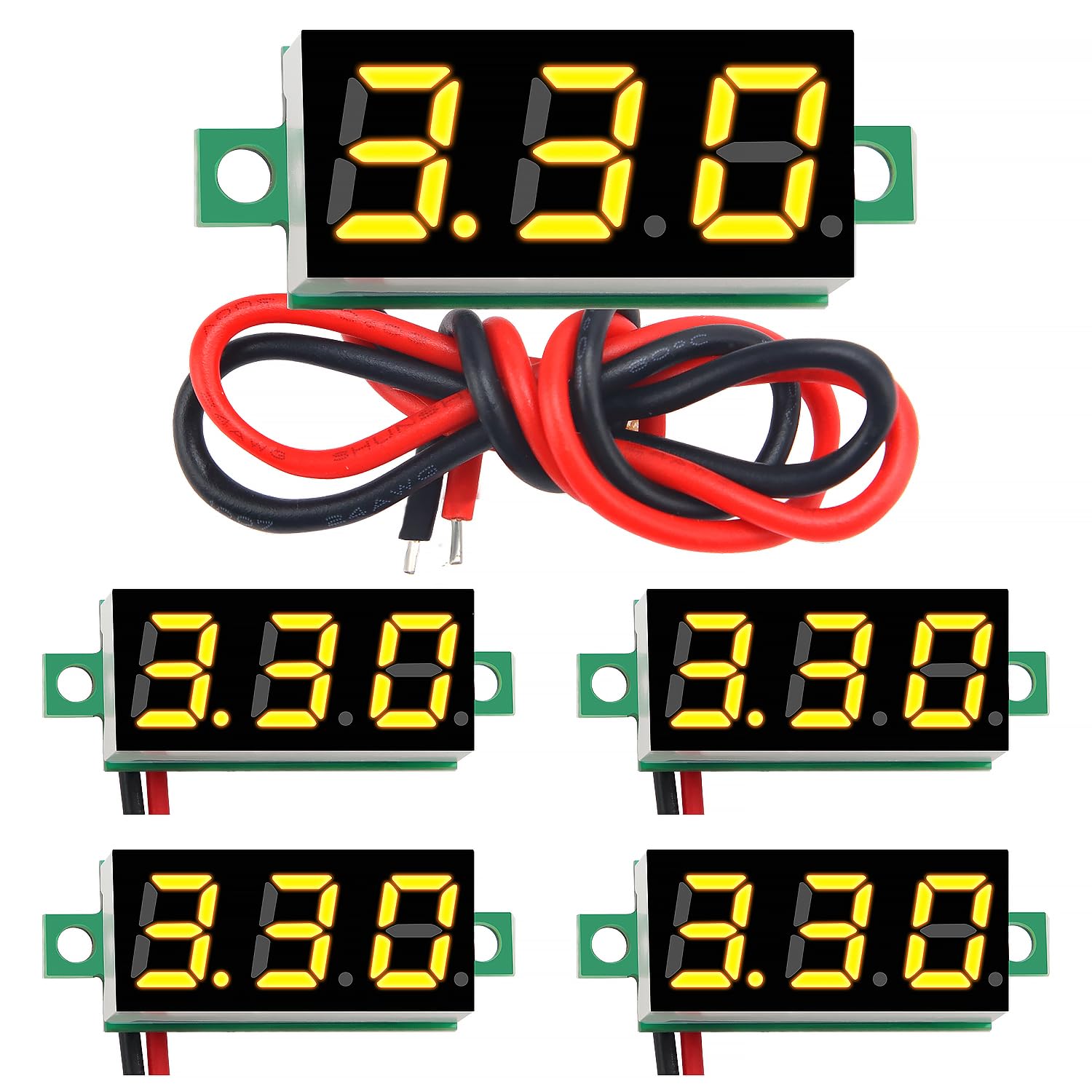 YIXISI 5 Sztuk 0.28 Cala Mini Cyfrowy Woltomierz, Zakres Pomiarowy DC 2.4V-30V Dwuprzewodowy Tester Napięcia, Ochrona Przed Odwrotną Polaryzacją i Dokładny Pomiar Ciśnienia (Żółty)