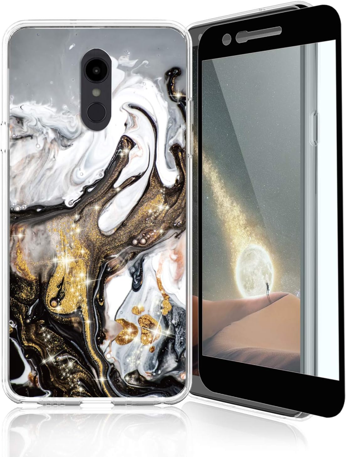 TJS Phone Case Compatible with LG Aristo 4,Aristo 4 Plus +,Escape Plus,K30 2019,Arena 2,Tribute Royal,Journey LTE,[Full Coverage Tempered Glass Screen Protector] Color Marble Transparent (Colorful)