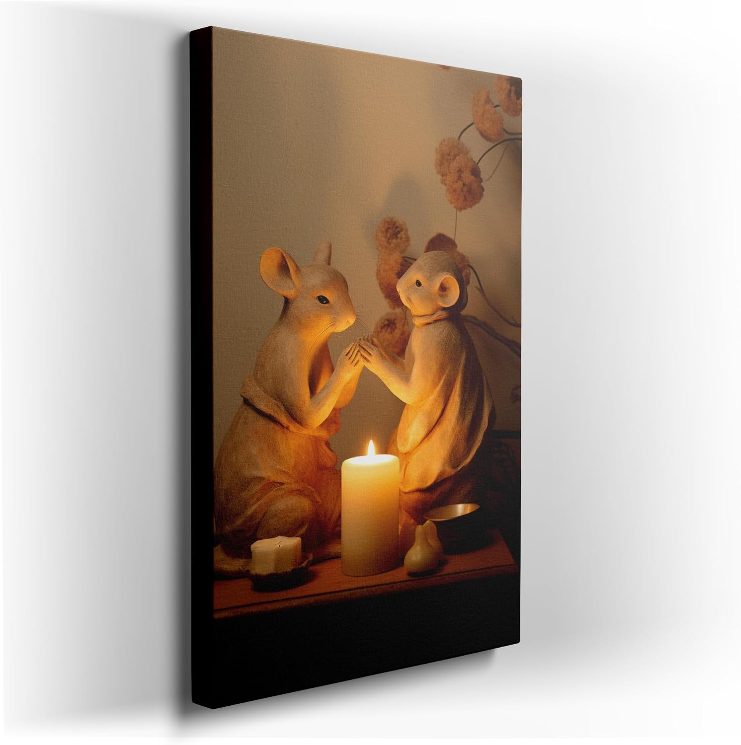 Canvas for Living room. Whispers of Affection: Ceramic Mice in an Intimate Tableau of Candlelight and Blooms, 27 x 18 inch Canvas Wall Art - Abstract By Atmosphere - Modern Home Decor