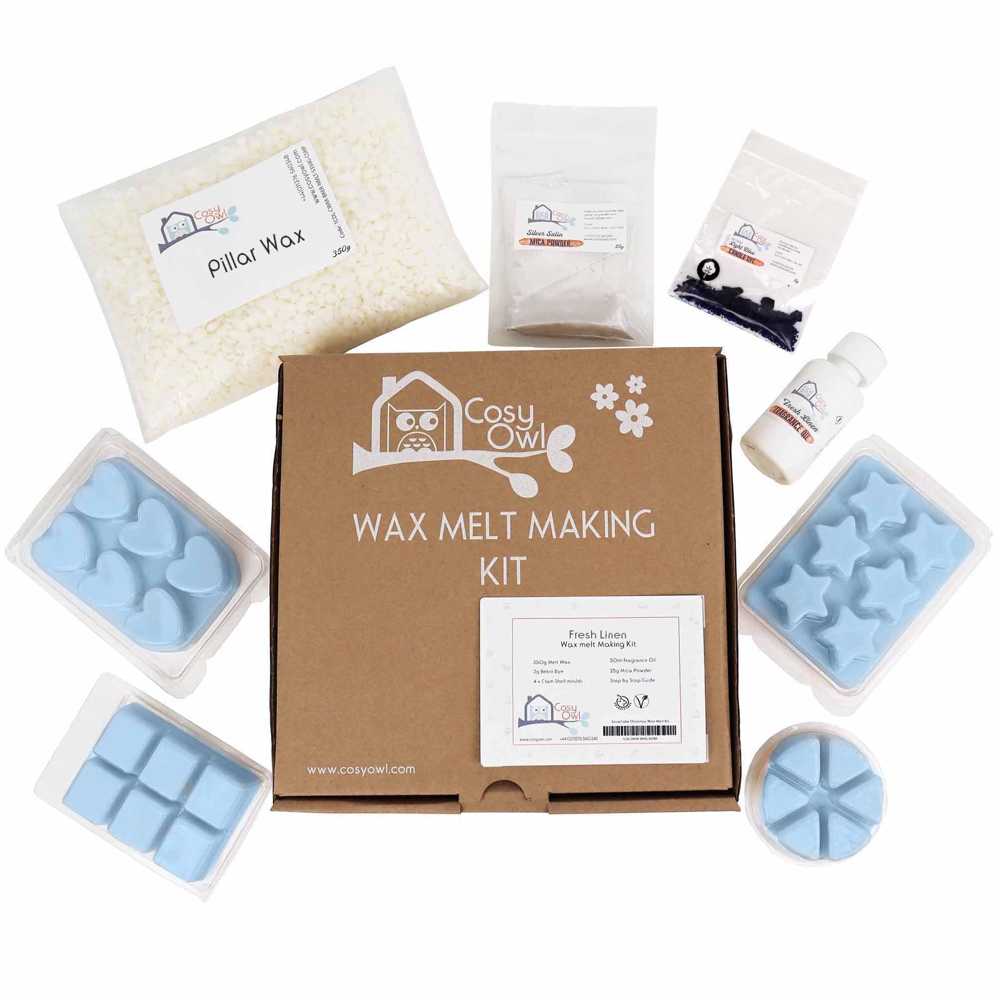 Cosy Owl Wax Melt Making Kit, Make Your Own Scented Wax Melts, Mica Powder, Dye, Pillar Wax, 4 Clamshells, Step-by-Step Guide Fresh Linen (Light Blue & Silver)