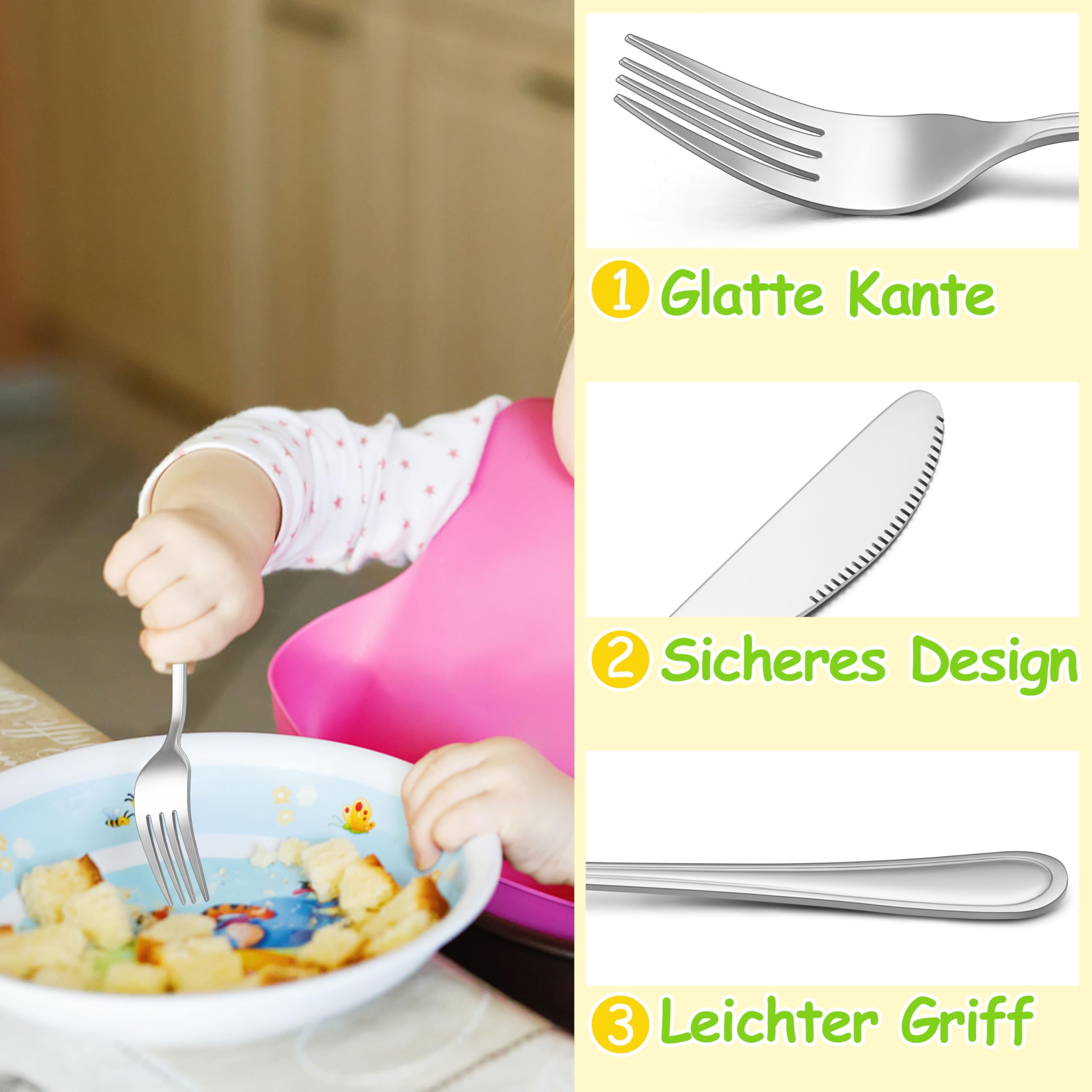 Herogo Set di 8 posate per bambini, in acciaio inox, con manico elegante, posate per bambini con 2 forchette per bambini, 2 cucchiai per bambini, 2 coltelli per bambini, 2 cucchiai piccoli, finitura a