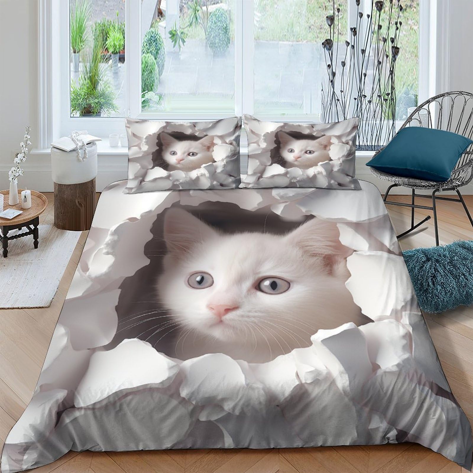 Housse de couette chat microfibre anti-plis et respirante pour parure 2 personnes