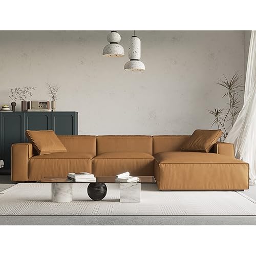Acanva Modern L-Shaped Deep Sectional Sofa Furniture Set for Living Room Lounge, Minimalist Style Comfy Suedette Upholstery Corner Couch with Chaise, Amber Brown