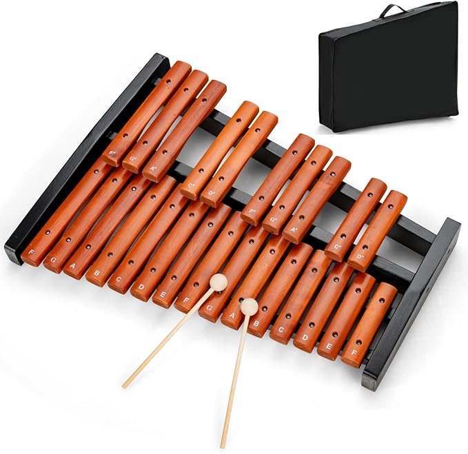 GYMAX 25 Notes Glockenspiel, Wooden Xylophone with 2 Mallets & Carrying