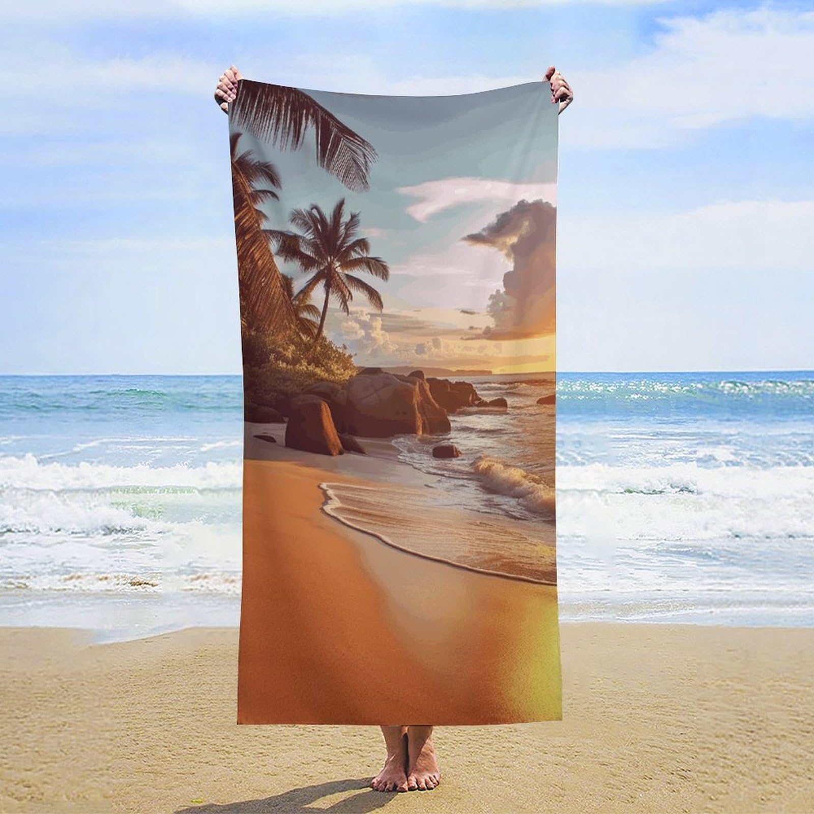 NTVOWPZO Tropical Beach at Sunset Beach Towel Oversized Microfiber Bath Towels Lightweight Sand Proof Beach Towels Absorbent Pool Towels for Swimming Yoga Bathroom Towel 31.5" X 63"