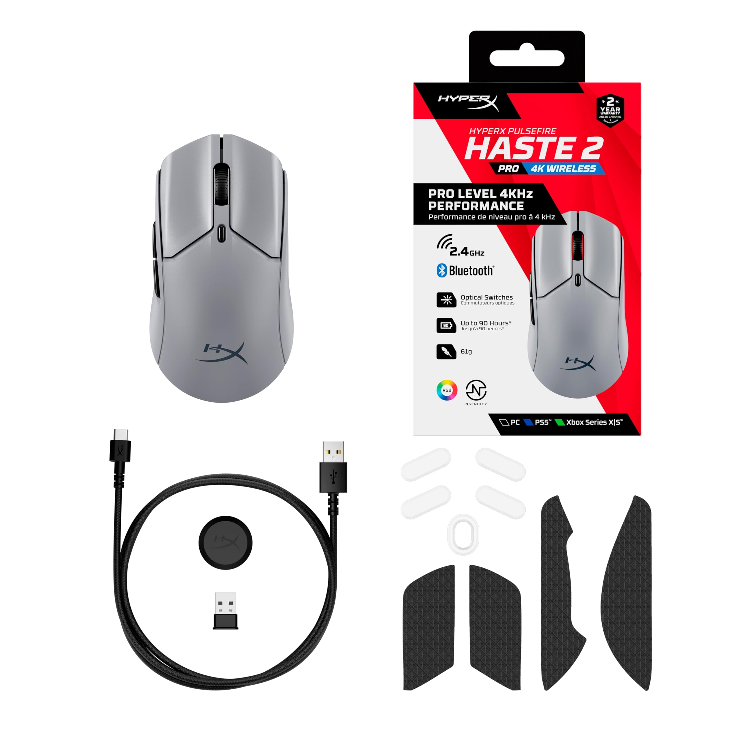 HyperX Pulsefire Haste 2 Pro Wireless, Souris Gaming sans Fil Ultra Légère 61 g, Capteur HyperX 26K Jusqu’à 26 000 DPI, Polling Rate 4 000 Hz, Double Connexion sans Fil 2.4 GHz et Bluetooth, Gris