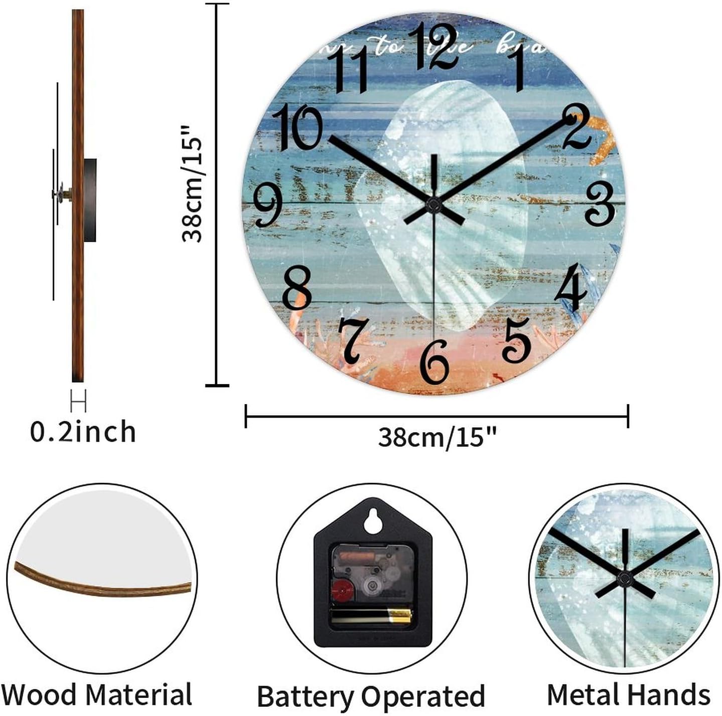 Gone to The Beach Clock Conch Shells Starfish Large Wooden Wall Clock Battery Operated Silent 15 Inch Farmhouse Wall Clock Decorative for Home Kitchen Living Room Bedroom Office