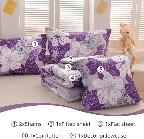 Miniatura 9 de Holawakaka Juego de edredón floral Queen de 6 piezas, cama en una bolsa, flores moradas impresas en gris, juego de ropa de cama botánica de