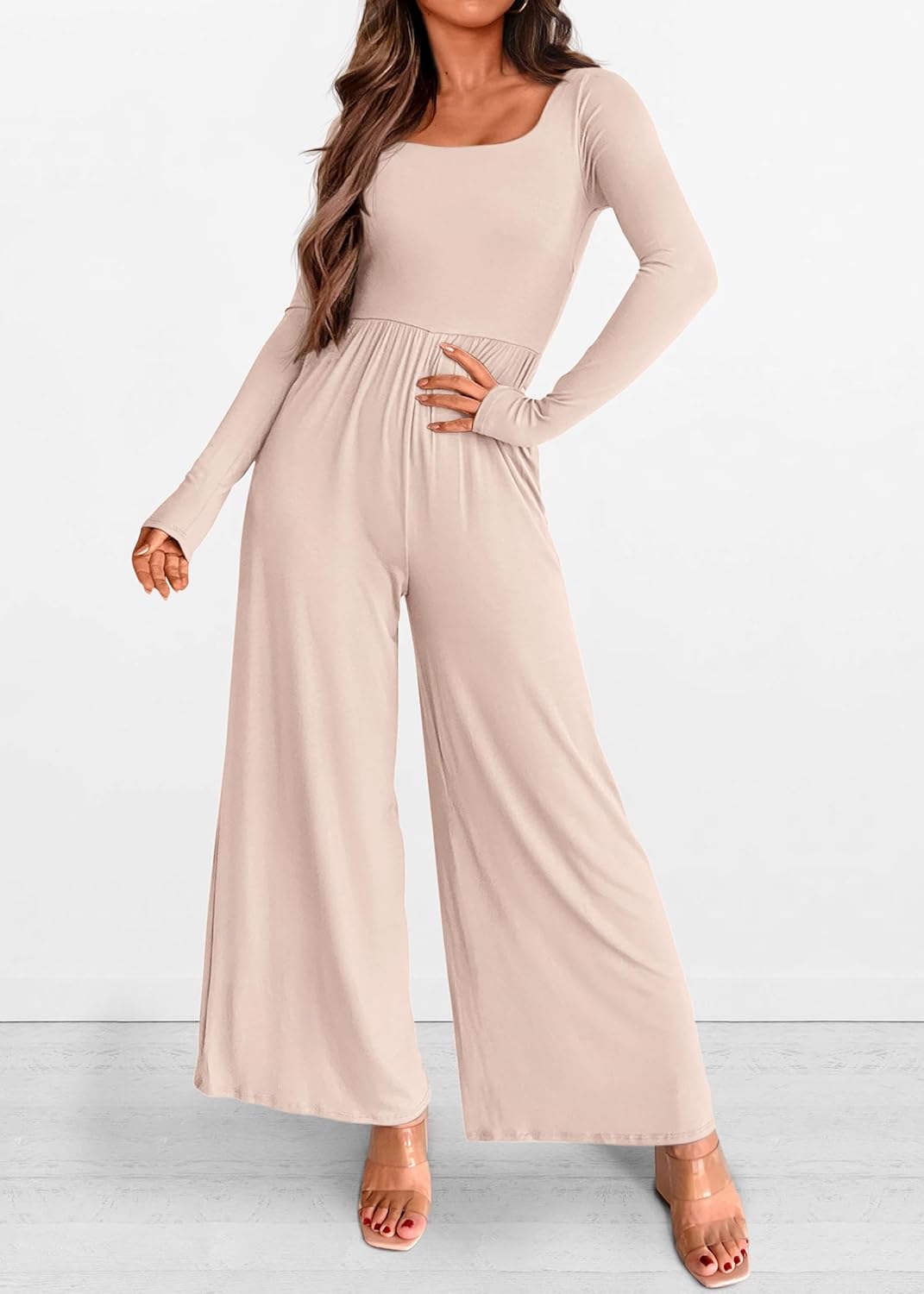 KIRUNDO Long Sleeve Jumpsuit for Women 2026 Spring Outfits Summer One Piece Square Neck Wide Leg Pants Romper With Pockets - Image 5