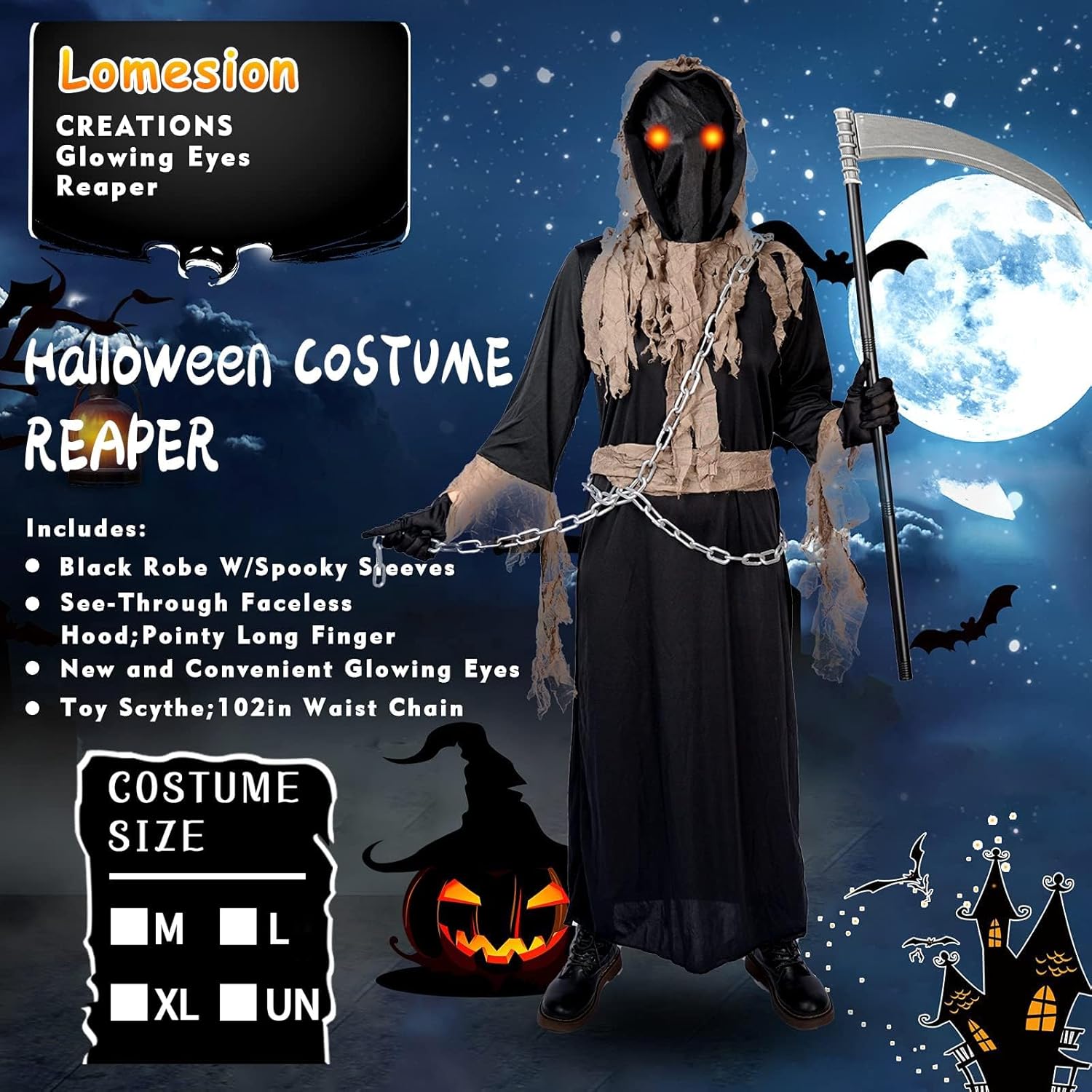 Grim Reaper Costume for Kids,Deluxe Halloween Costume with Glowing Red Eyes,Chain,Scythe Included, Small (5-7yr) - Image 3