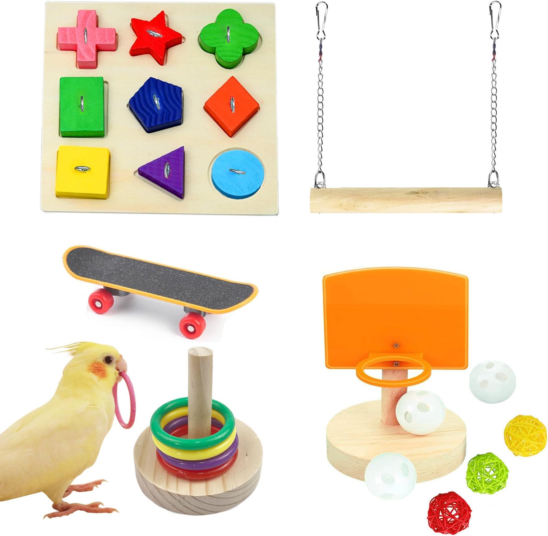 JSLZF Bird Training Toy for Conure, Cockatiel Basketball Toy, Parakeet Wooden Block Puzzles Toy, Parrot Skateboard, Bird Stacking Toy for Parrot Budgie Finch