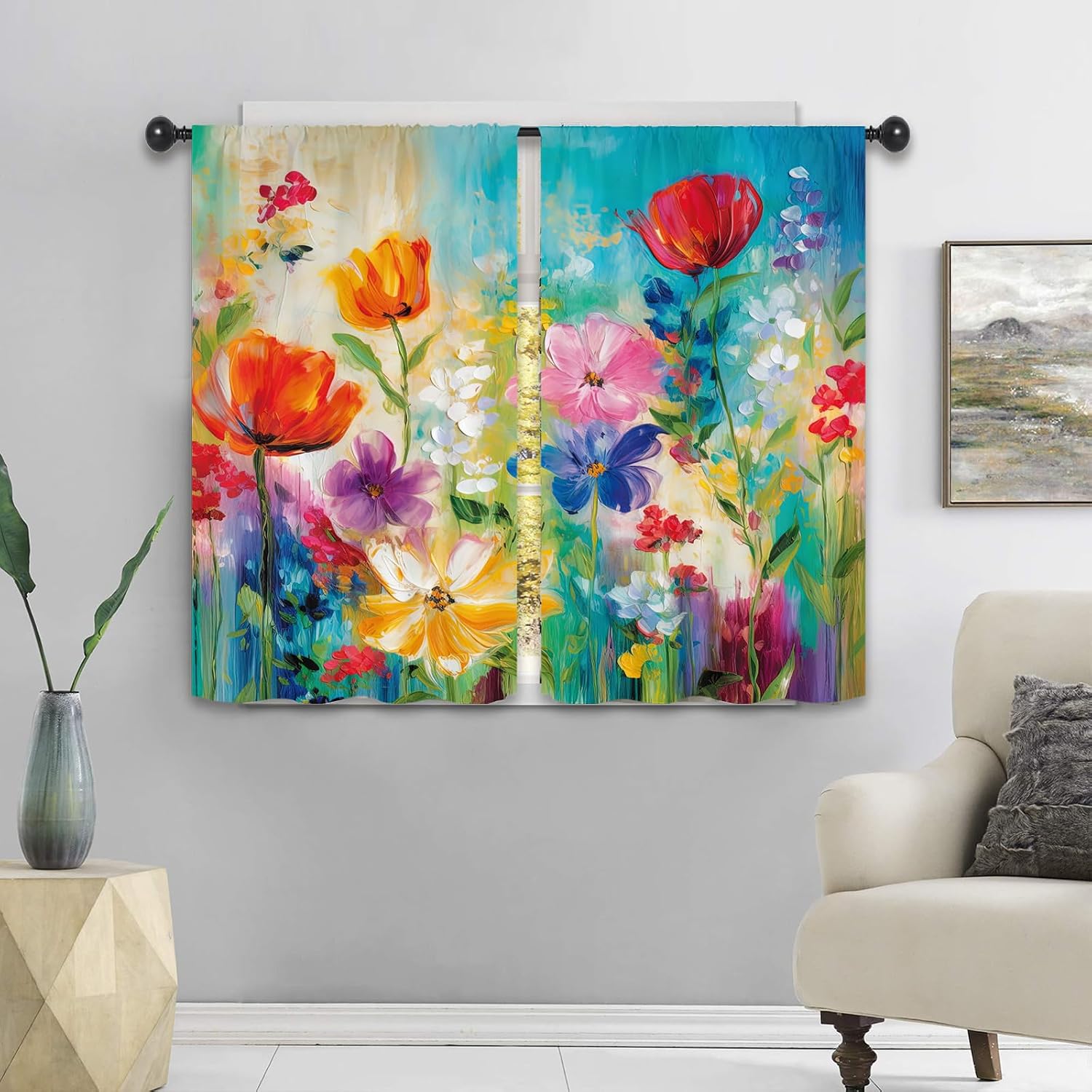 Colorful Flower Kitchen Curtains 27.5W x 39L Inch Blossom Plant Oil Painting Art Rod Pocket Short Small Window Treatment Drapes Decor 2 Panels