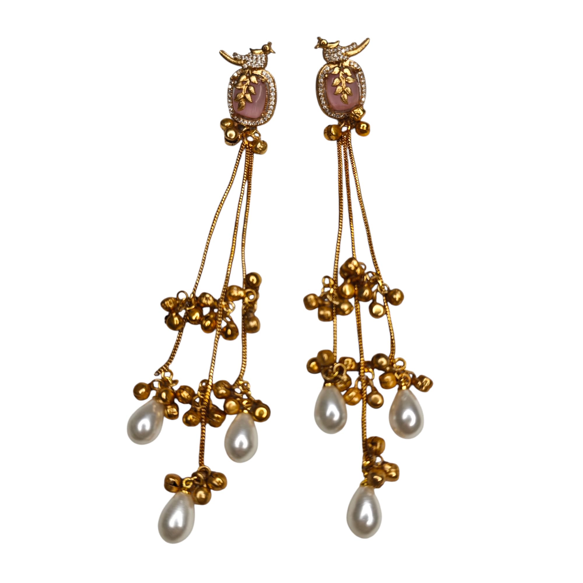 Kashmiri Long Pearl Drop Earrings for Women - Gold Plated Ethnic Jhumka with Red Stones and White Pearls Latkan Earrings
