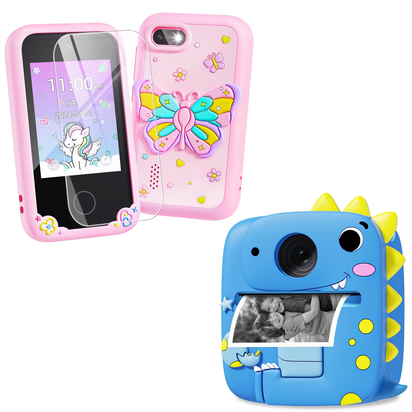 Eltrynic Kids Smart Toy Phone Pink and Kids Camera Instant Print Dinosaur Toys Blue