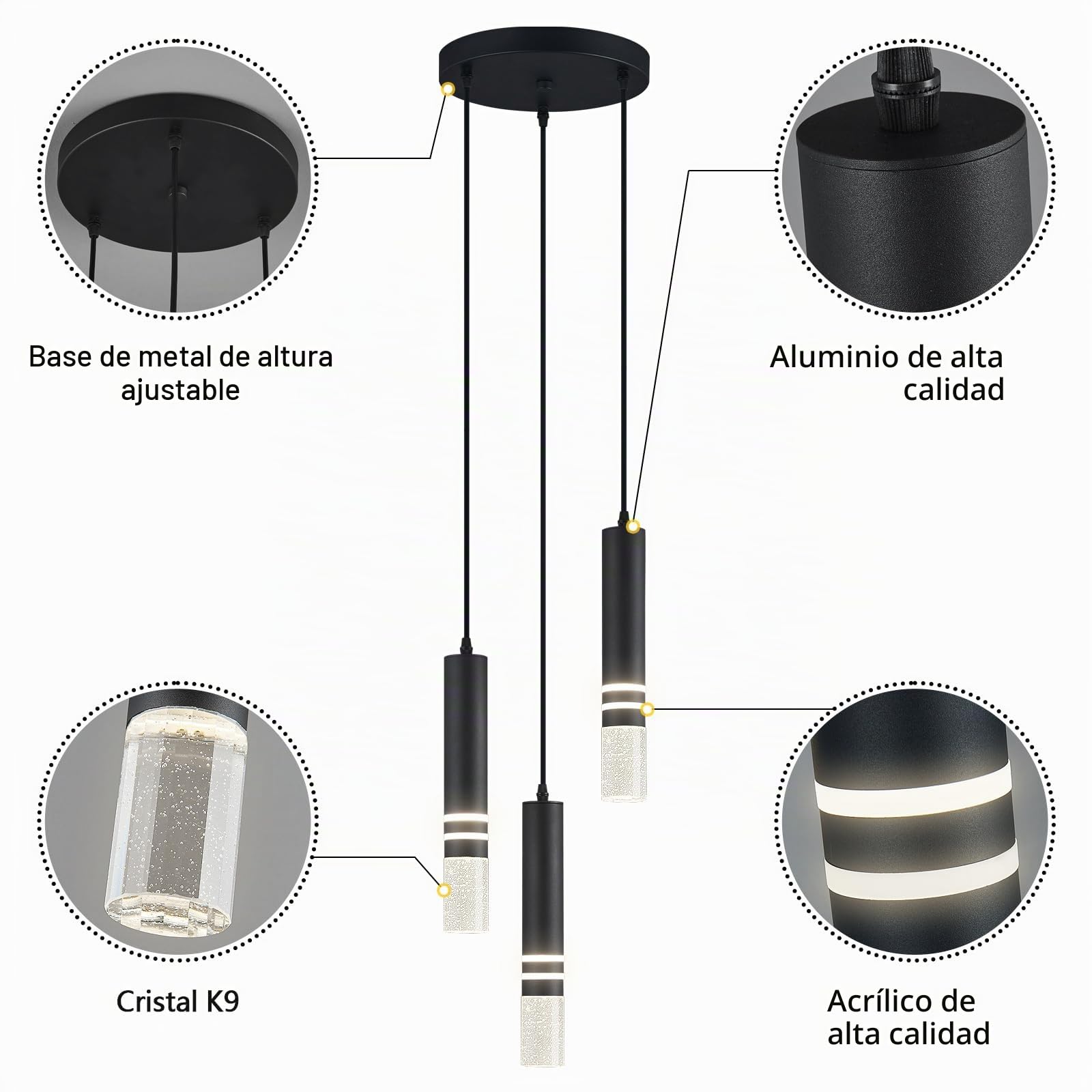 Moderno cristal colgante luz led negro colgante luz mini cocina isla suspensión iluminación para el dormitorio, el comedor y la Sala de estar (3-luz)