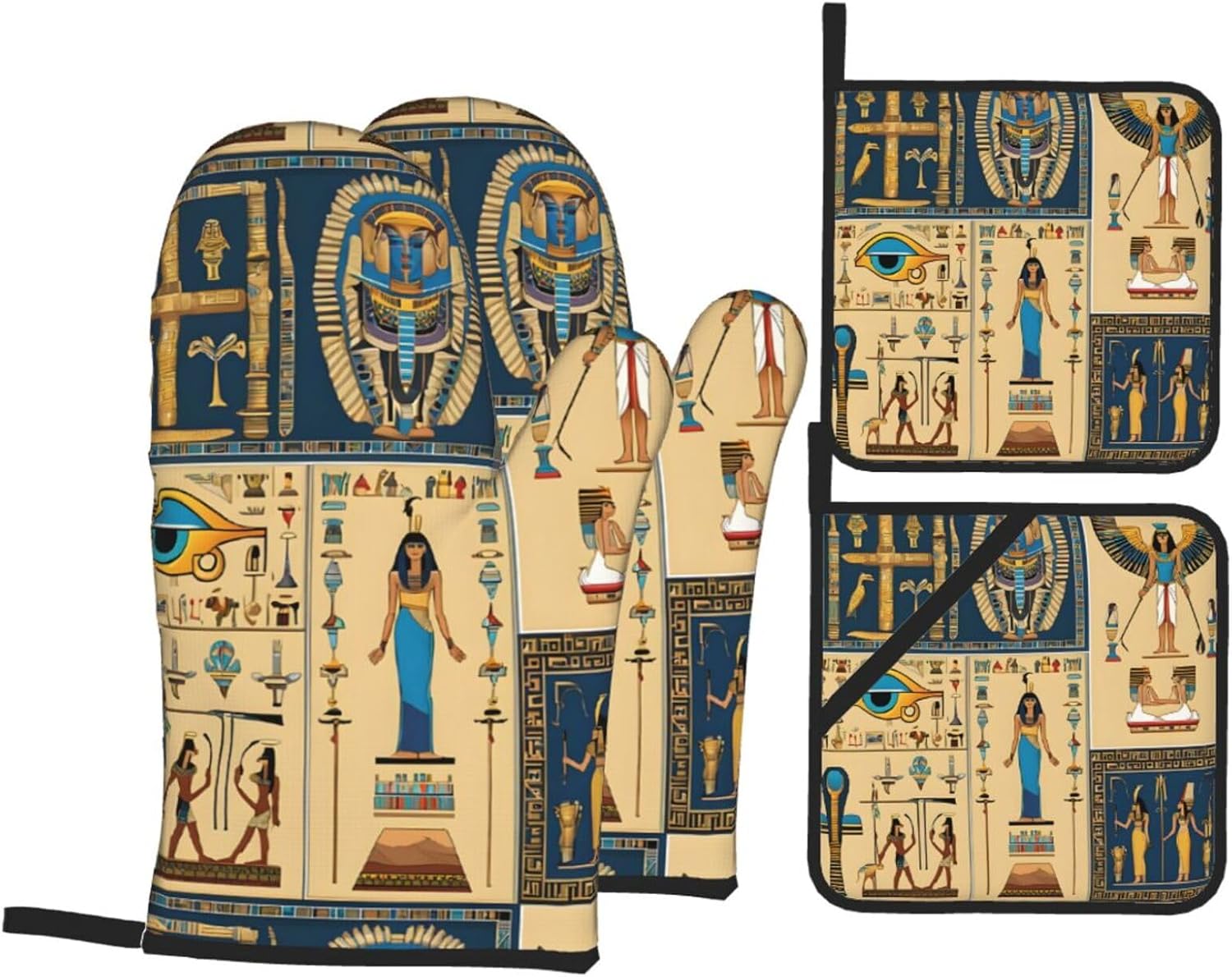 (Ancient Egypt Tribe Series) Baking 4-Piece Set: 2 Oven Mitts and 2 Pot Holders Heat Resistant Waterproof Hanging Loop for Kitchen Oven Grill Housewarming Gifts
