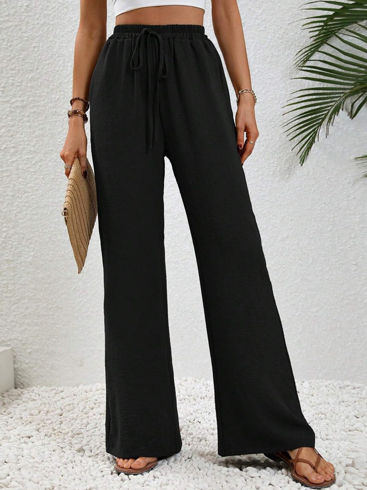 ALSOGO Pantaloni larghi da donna, eleganti, larghi, a vita alta, larghi, estivi, con tasche
