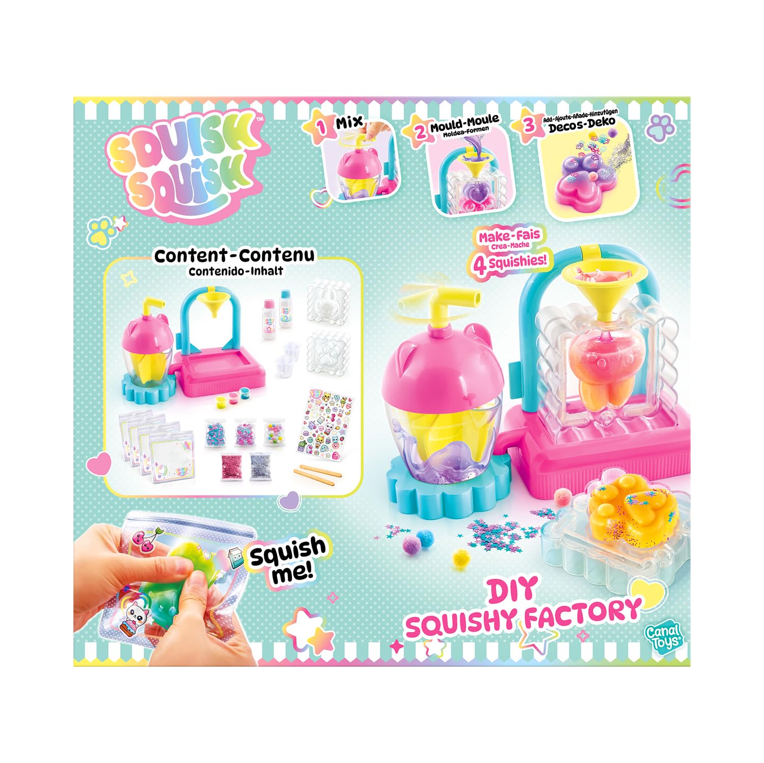Canal Toys Squish Squish Squishy Factory – CREA TES Squishy Todo Esponjoso y Colorido – Añade Lentejuelas y personalizaciones – Idea de Regalo para niños a Partir de 6 años – Ocio Creativo – SQI 001