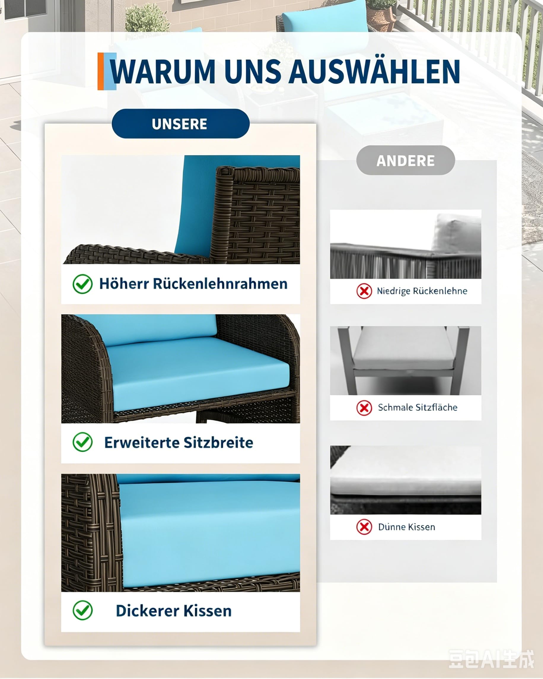 5-TLG Rattan Gartenmöbel Set, Balkonmöbel mit 2 Gepolsterte Sessel & 2 Hocker & 2-stöckiger Kaffeetisch, Wetterfeste Terrassenmöbel mit Sitzkissen für Garten, Terrasse, Indoor Balkon, Beige