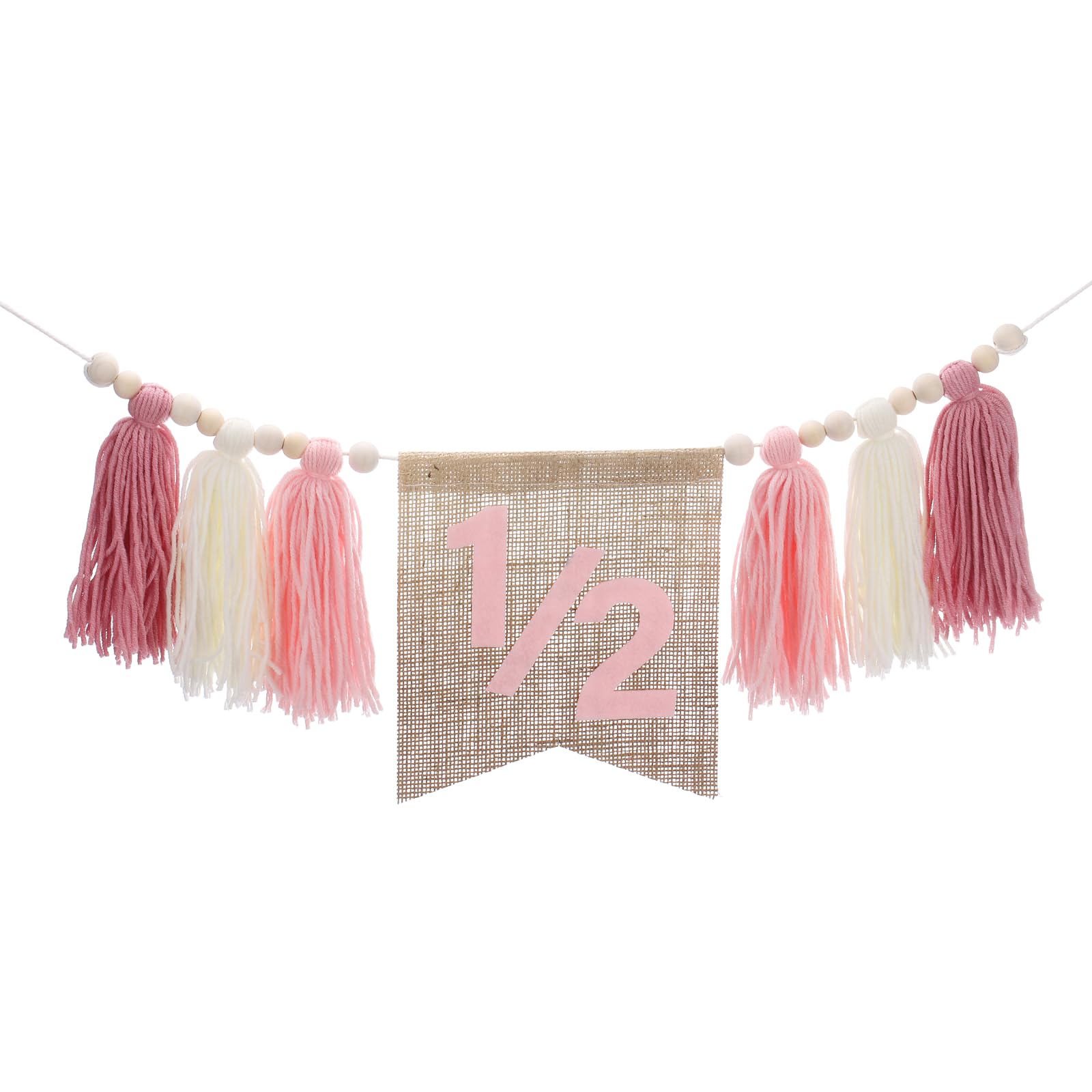 sourcing map 1/2st Birthday High Chair Banner,Tassel High Chair Pink Banner Wood Bead Tassel Garland 1/2 Birthday Party Decorations Photo Shoot Props Photo Props