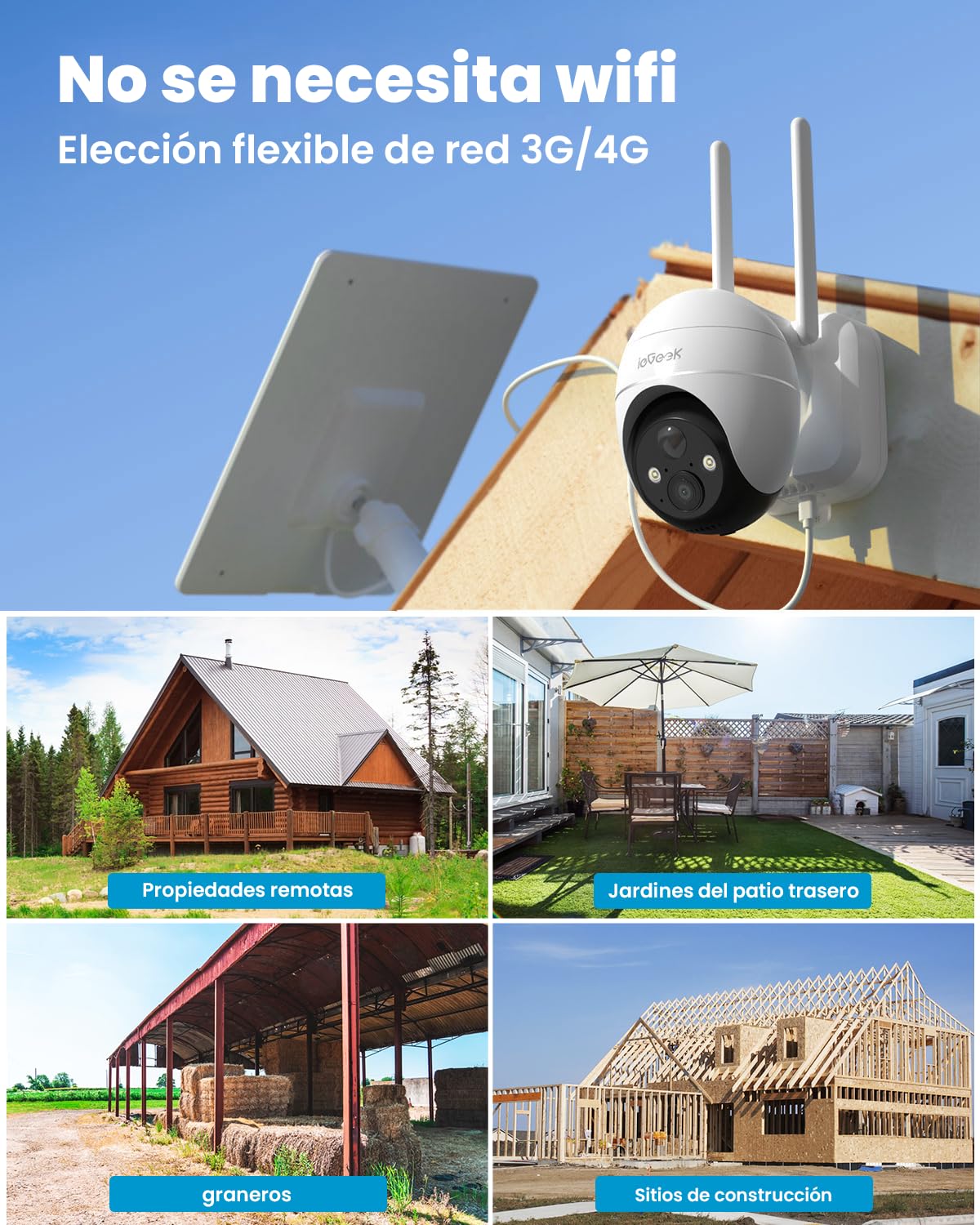 ieGeek 4G/3G LTE Cámara Vigilancia Exterior Solar Inalámbrica, 2K IP Cámara Tarjeta SIM con Batería 10000mAh, Visión Nocturna Color, PIR Detección Humana, PTZ 355°120°, Alarma de Luz y Sonido