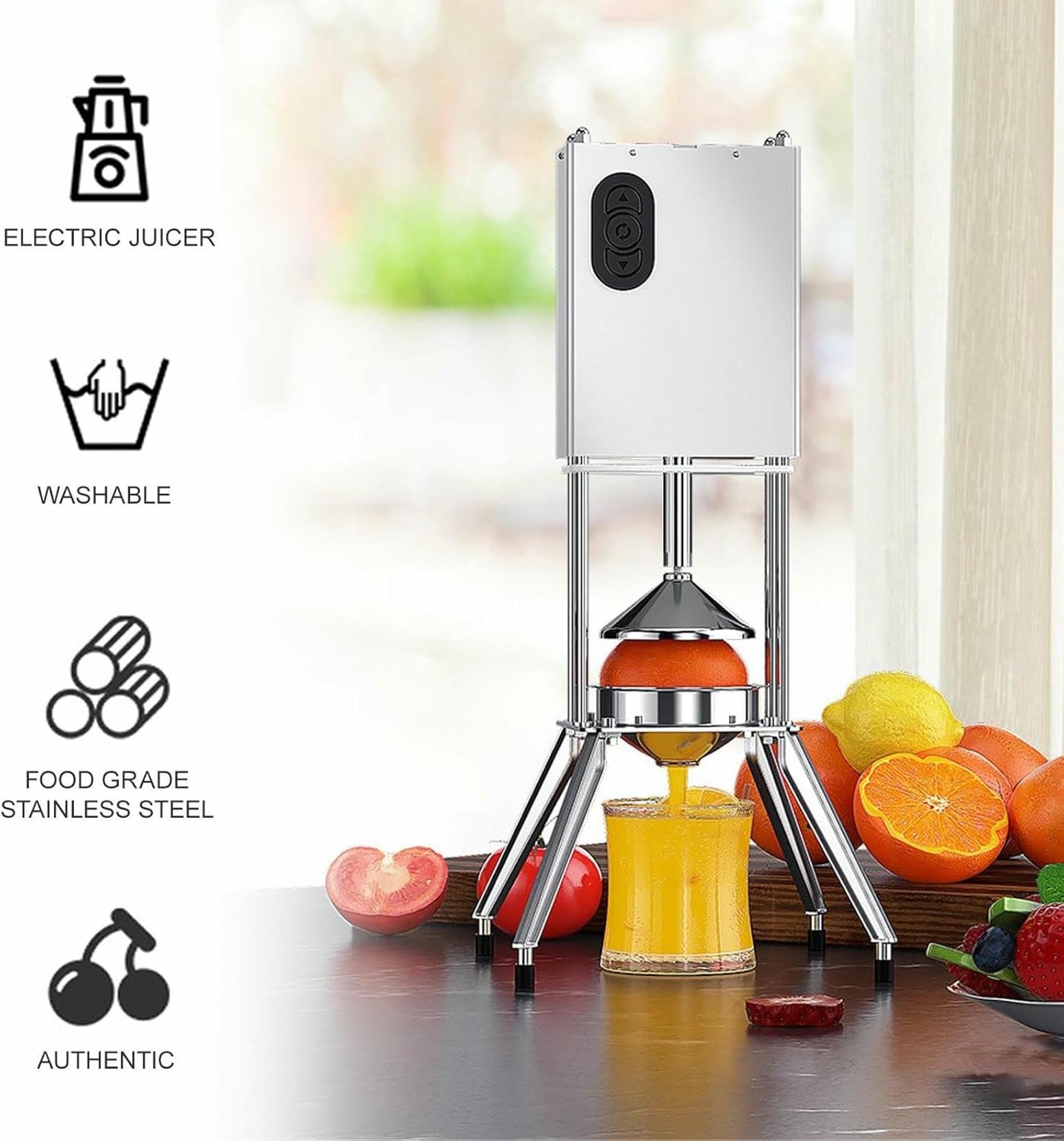 Exprimidor de Naranjas de Grado Comercial, exprimidor de cítricos eléctrico de Acero Inoxidable para Uso doméstico y Comercial, para jugos de Naranja, limón, Lima y Pomelo.