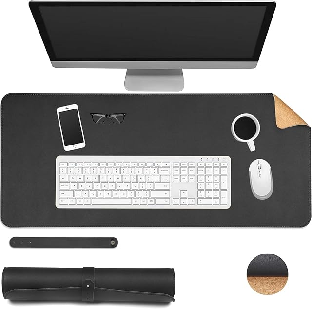 Ewolee Desk Pad, Office Desk Mat 70 * 30cm Natural Cork PU Leather Desk Protector Mat Non-Slip Waterproof Laptop Keyboard Mouse Mat for Office Home School(Black + Cork)