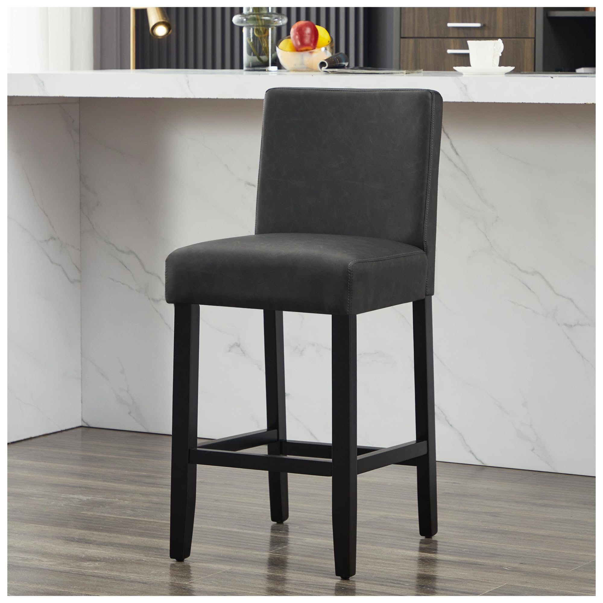 bar stools, 26'' counter height bar stools, modern faux leather barstools with soild wood legs and back for kitchen island, grey