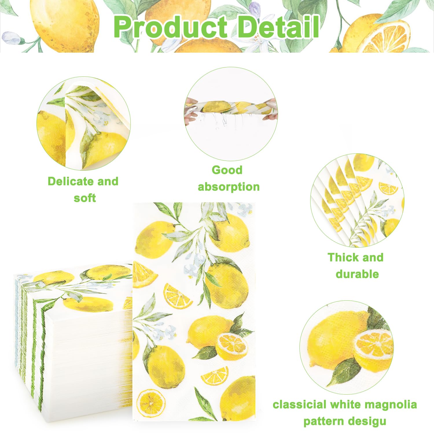 100 servilletas de papel desechables de acuarela y limón, toallas de mano, servilletas de cóctel de limón amarillo, 4.3 x 7.9 pulgadas, servilletas de fiesta suaves y absorbentes para invitados, baño,