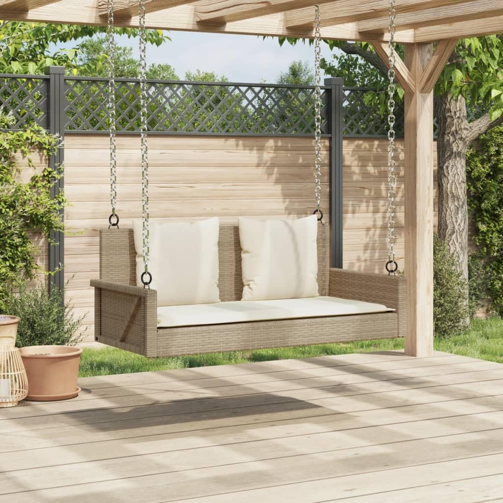 Banco colgante con cojín, color beige, 119 x 56 x 48 cm, polirratán, polietileno, para jardín, terraza, exterior, relax, asiento con acolchado y anillos de fijación
