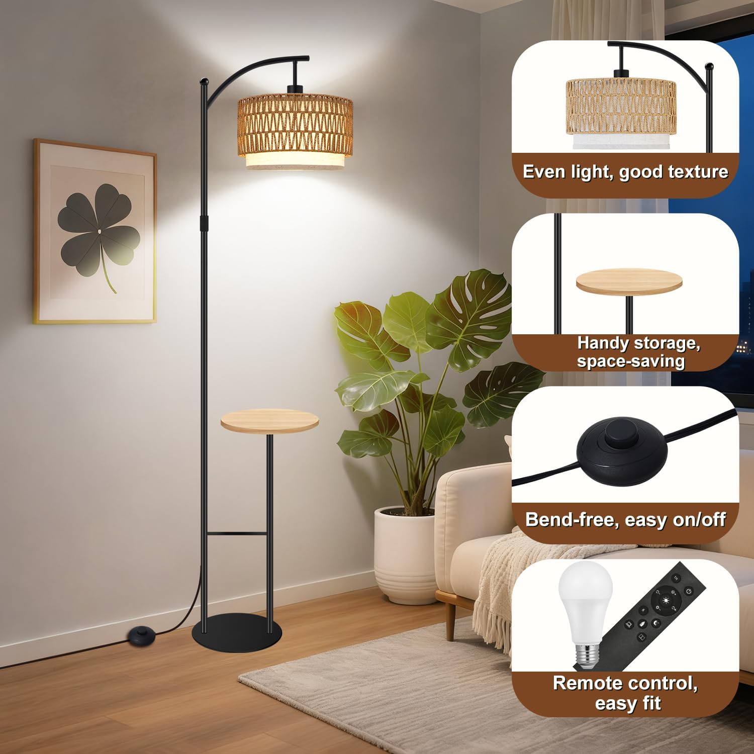 Arc Floor Lamp with Table, Boho Rattan Floor Lamps for Living Room with Remote Dimmable 3 Color Temperature, Wicker Standing Lamp Double Lampshades,Rustic Tall Lamps for Bedroom Office Corner
