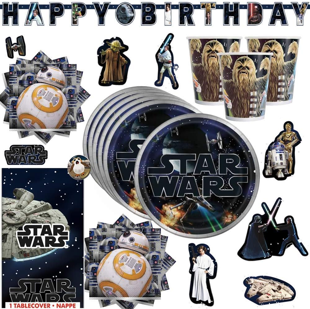 Star Wars Classic Birthday Party Supplies Pack For 16 Guests With Plates, Cups, Napkins, Table Cover, 152 Stickers, Birthday Banner and an Exclusive Porg Pin, by Another Dream