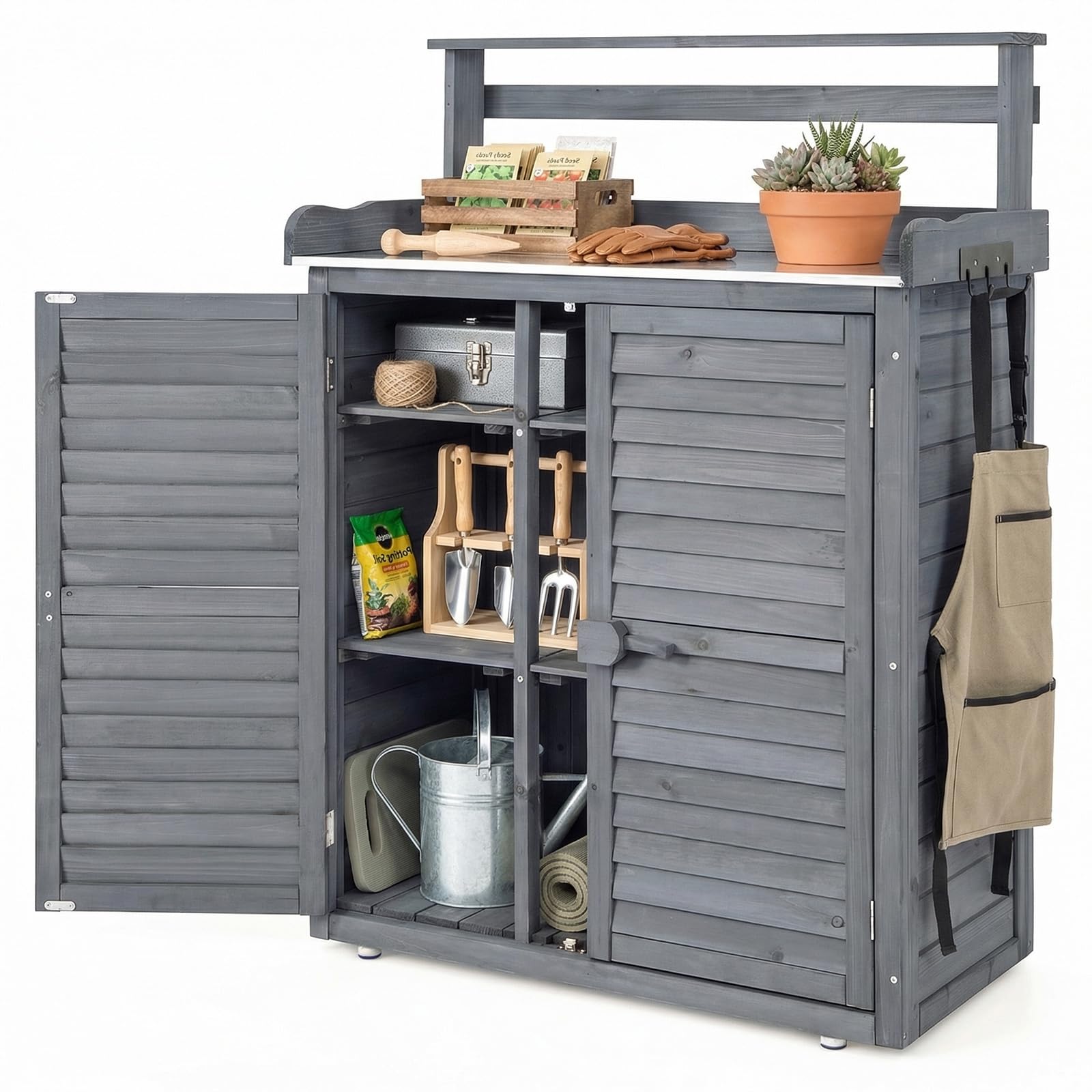 RELAX4LIFE Pflanztisch Outdoor, Gartentisch Holz mit Unterschrank, Verzinkter Arbeitsplatte, Abnehmbaren Regalen & Haken, Arbeitstisch wetterfest für Garten, Hof, Terrasse, 87 x 45 x 120 cm, Grau