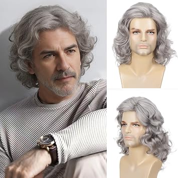 Mens Long Grey Hair Wig Natural Curly Hair Halloween Accessory 70s 80s Rocker Cosplay Synthetic Wig Grey