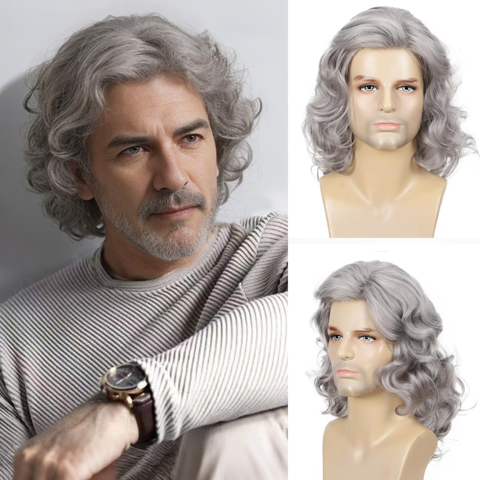 Men's Long Grey Hair Wig Natural Curly Hair Halloween Accessory 70s 80s Rocker Cosplay Synthetic Wig (Grey)