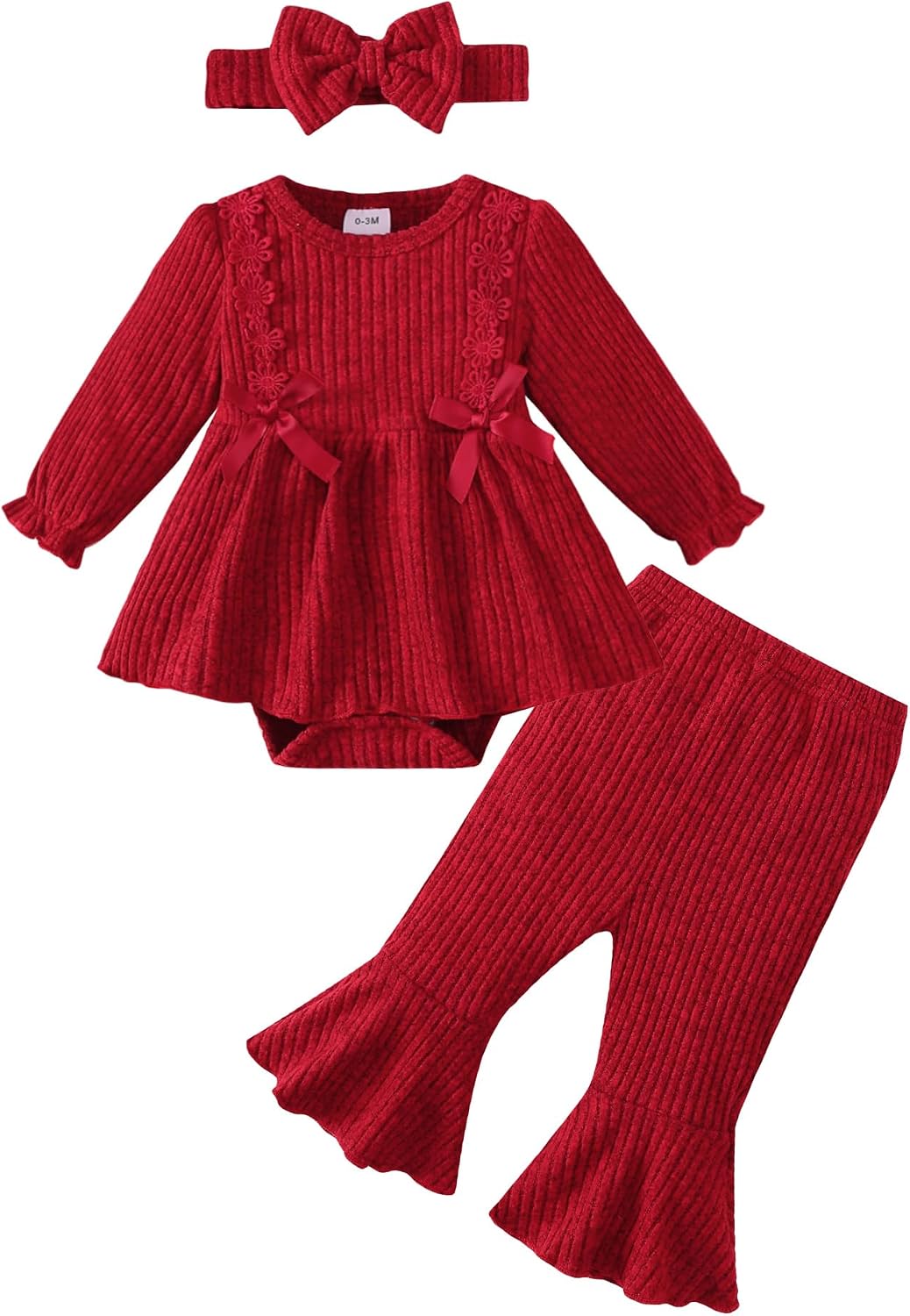 Renotemy Newborn Baby Girl Clothes Ruffle Romper Bell Bottom Pants Set Fall Winter Infant Outfit for Girls Preemie-12 Months