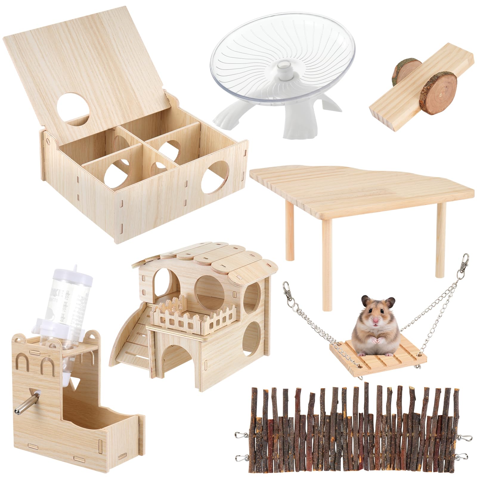Hamsterspielzeug Komplettset - Geräuschloses lautloses Laufrad, Labyrinth-Holzhaus, Ständer, Kauspielzeug & Wasserflaschenkäfig-Zubehör für Hamster, Ratten, Mäuse, Kleintier-Lebensraum