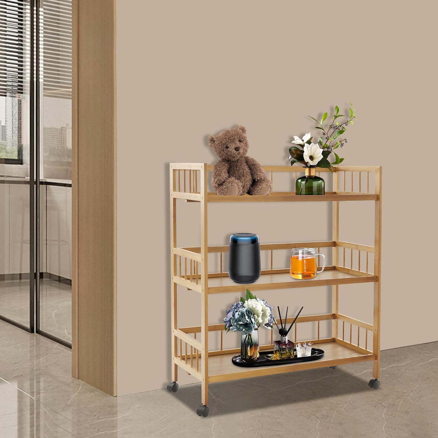 Bamboo Bar Carts with 3 Tier Storage Shelves Holder, Home Serving Carts on Wheels, Storage Organizer Utility Cart for Kitchen, Bar, Dinning Room