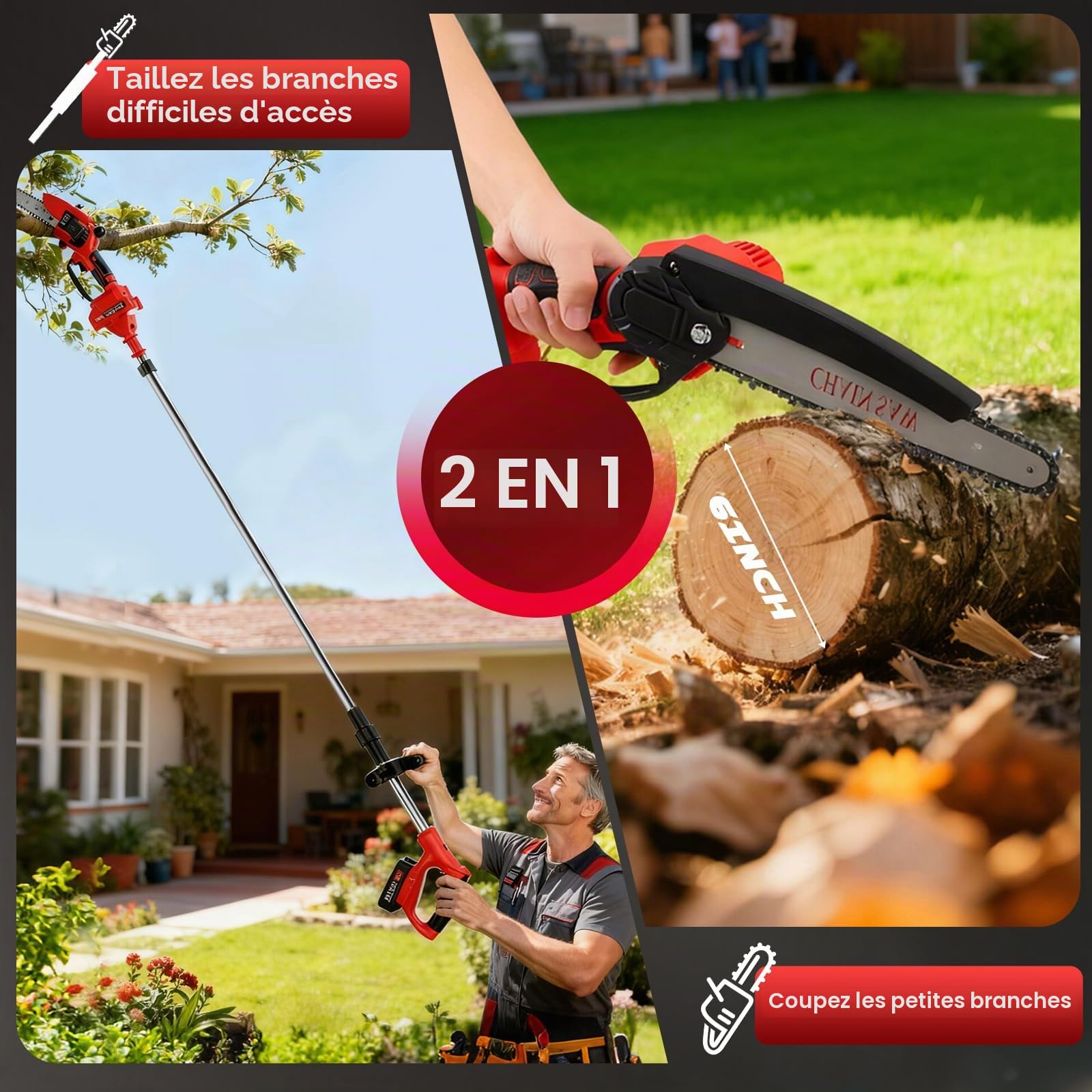 2 en 1 Élagueuse sur Perche sans Fil, 21V Télescopique Élagueur avec 8” Mini Tronçonneuse Électrique, 2 x 3000mAh, 2 Chaînes, 150° Tête Inclinable pour Jardin, Branches, Bois
