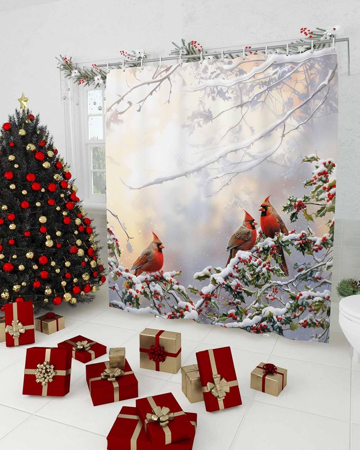 Winter Birds Waterproof Shower Curtains Set - Standard 66 x 72 Inch, Rustic Forest Birds Berries Snow Polyester Fabric Bathroom Curtain with 12 Hooks, Bathroom Accessories, 1 Panel