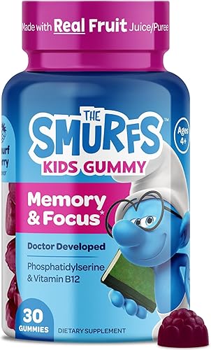 The Smurfs - Gomitas nootrópicas para niños con vitamina B12 y L-teanina, gomitas de enfoque láser para suplementos de concentración y memoria,