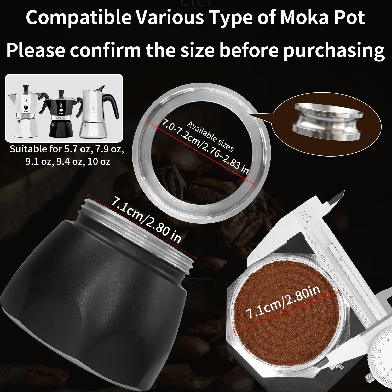 Compactador de Café para Moka de 4 a 6 Tazas, Conjunto de Embudo Dosificador de Espresso de Acero Inoxidable 304, Nivelador Distribuidor de Café Compatible con Moka Italiana
