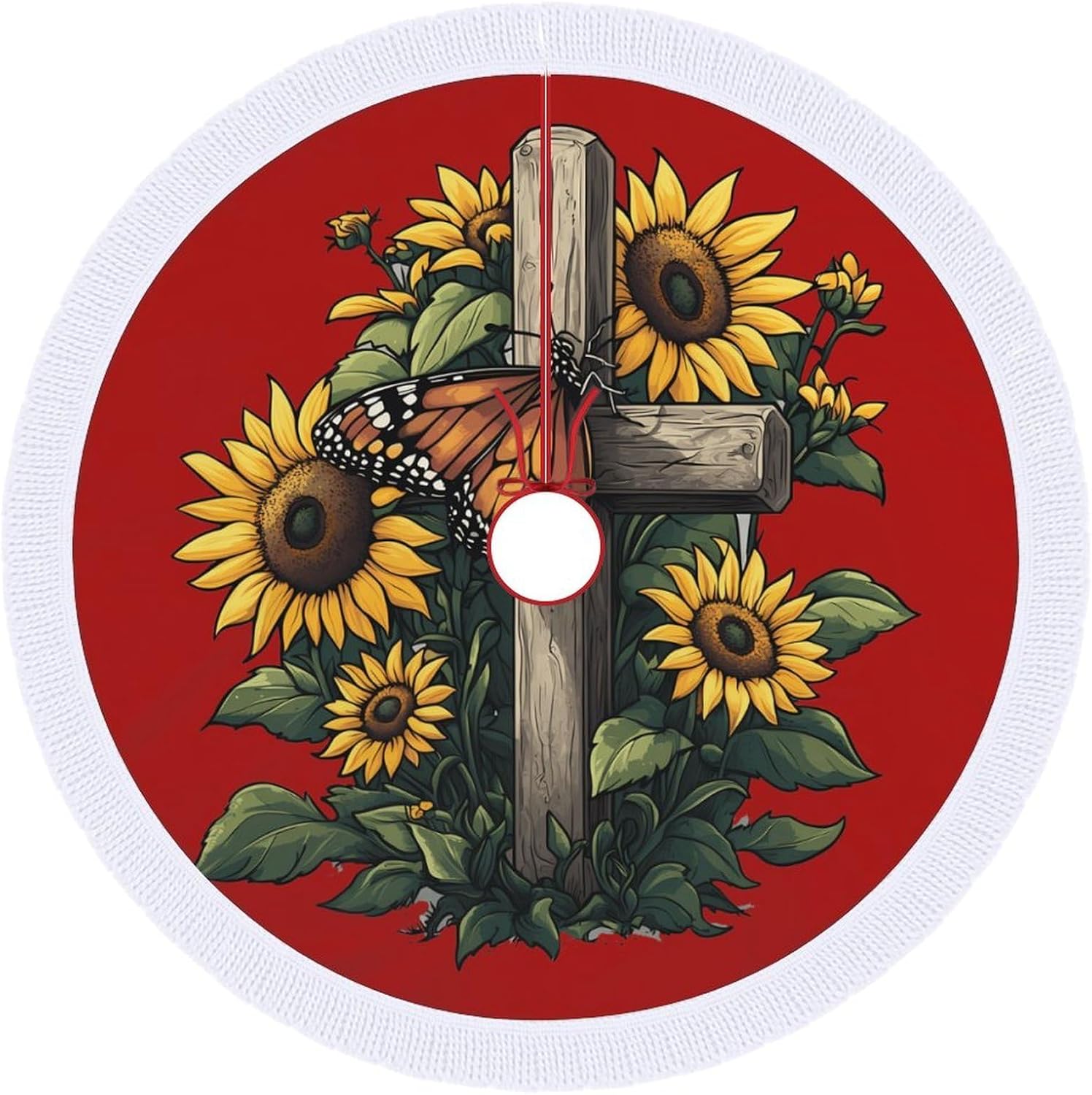 Butterfly Sunflower Crosss God Christian Christmas Tree Skirt Round Xmas Tree Mat Ornaments Tree Skirts with Tassels for Holiday Party