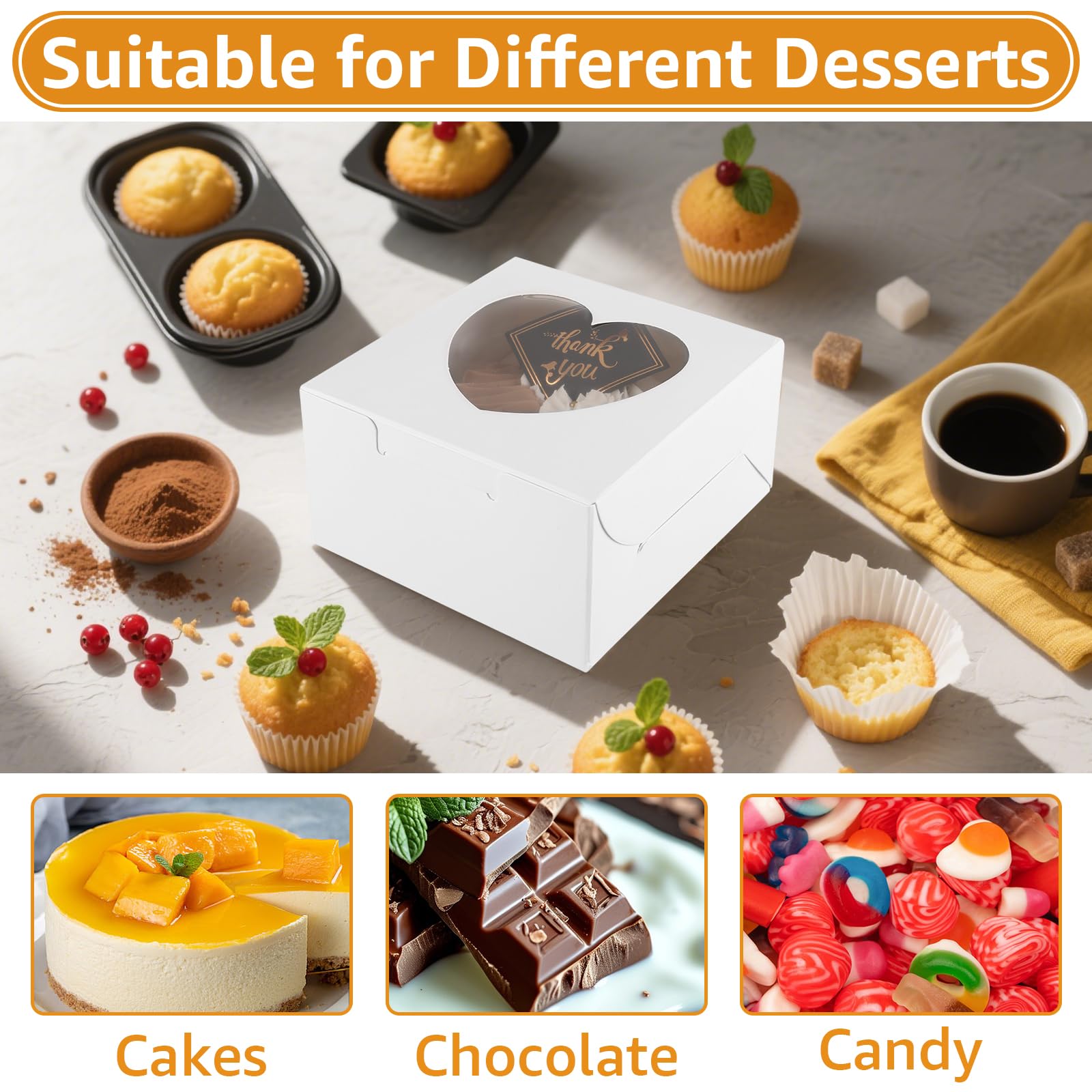 100 cajas para magdalenas y cupcakes, 10 x 10 x 6,5 cm, caja de galletas con ventana, caja de transporte para magdalenas blancas, para galletas, pasteles y postres