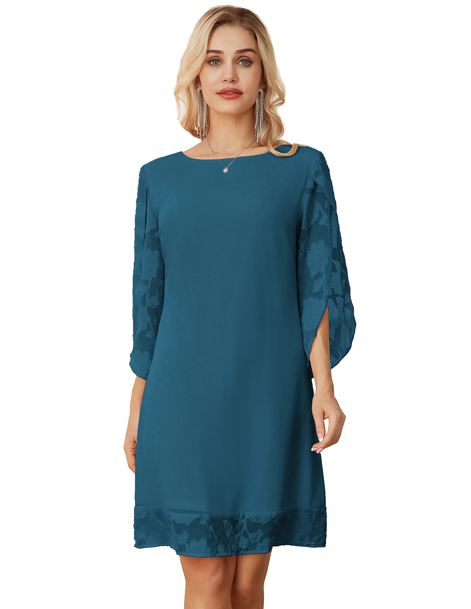 GRACE KARIN Vestido Gasa para Mujer Elegante Vestido Cuello Redondo con Manga Floral Informal