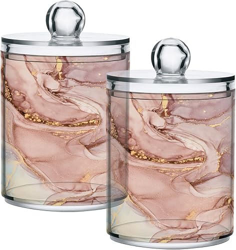 Dispensador de soporte Qtip con textura de mármol dorado con tapas, juego organizador de almacenamiento de baño, tarros transparentes de boticario,