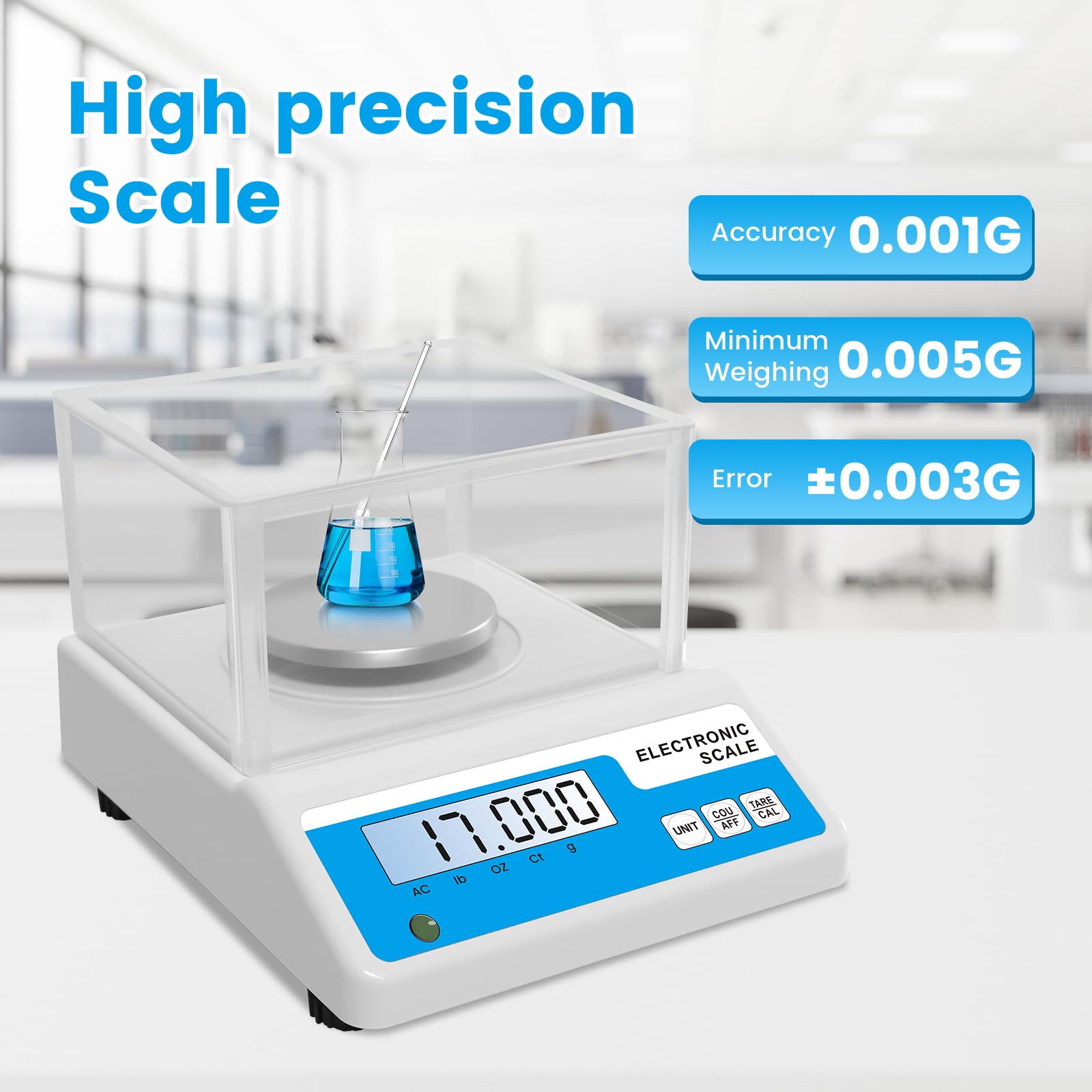 Laboranalytische Waage, 500 g x 0,001 g, 001 g, hochpräzise Digitalwaage mit Windschutzscheibe, Schmuckwaage für Goldpulver, Labor, Küche, Schule, 5 Einheiten LCD-Display