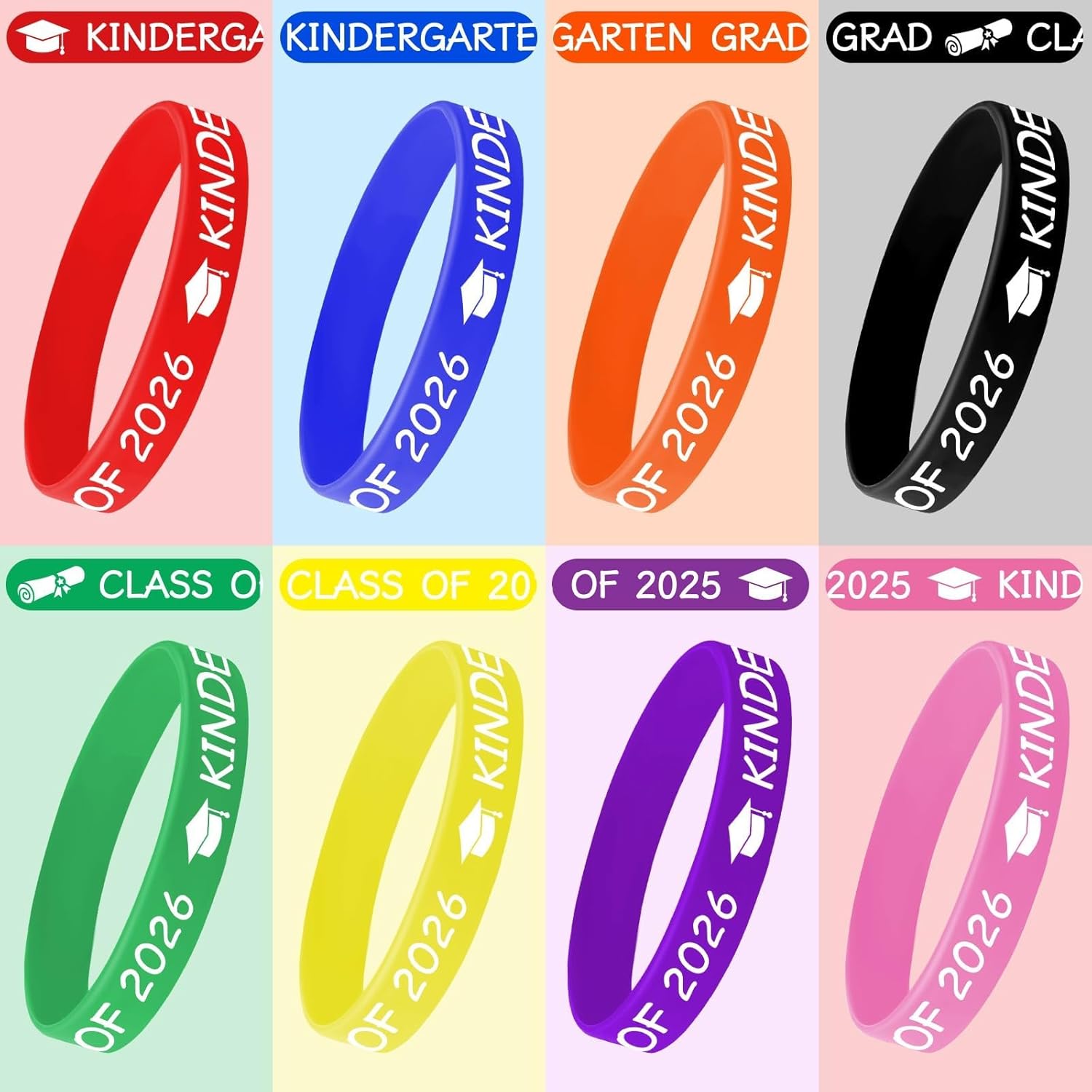 JUNEBRUSHS 24Pcs Kindergarten Preschool Silicone Rubber Wristbands Bracelets for Class of Graduation Kindergarten Preschool Party Favors Accessories (8 Designs)